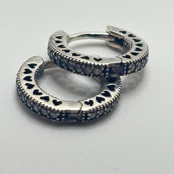 PANDORA Sparkle and Hearts Hoop CZ Earrings Sterling Silver 925 - Picture 1 of 5